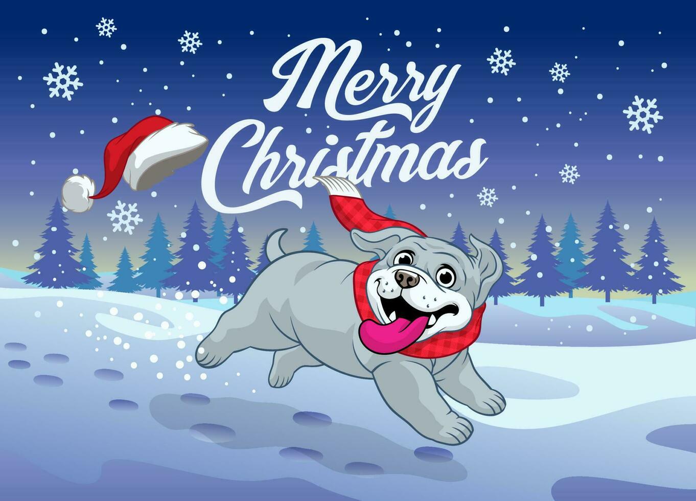 gelukkig tekenfilm bulldog spelen in de besneeuwd Kerstmis winter vector