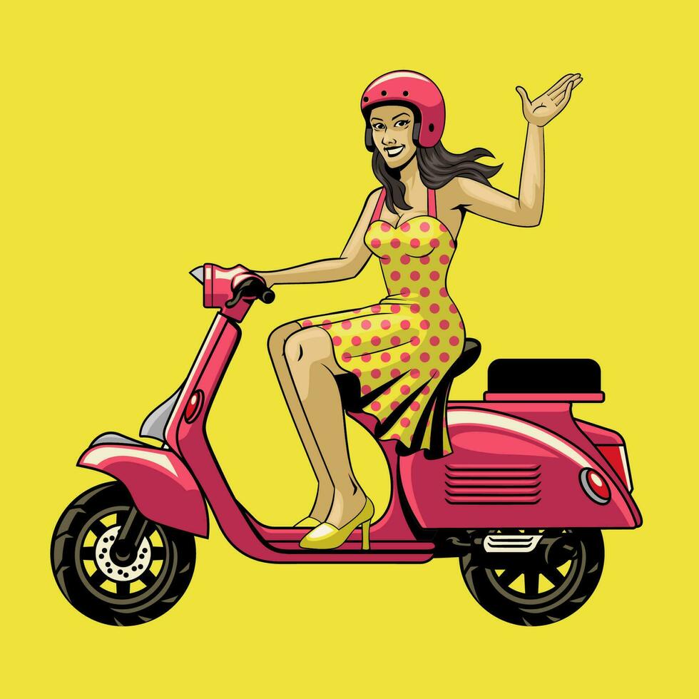 wijnoogst retro vastpinnen meisje rijden de klassiek scooter vector
