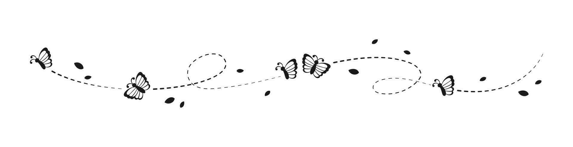 vliegend vlinder met stippel lijn route silhouet scheidingsteken grens. mooi vlinders met Open Vleugels pad. vector ontwerp elementen voor voorjaar en zomer.