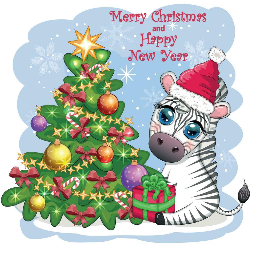 vrolijk Kerstmis en gelukkig nieuw jaar groet kaart met schattig zebra in de kerstman hoed met Kerstmis bal, snoep kane, geschenk vector