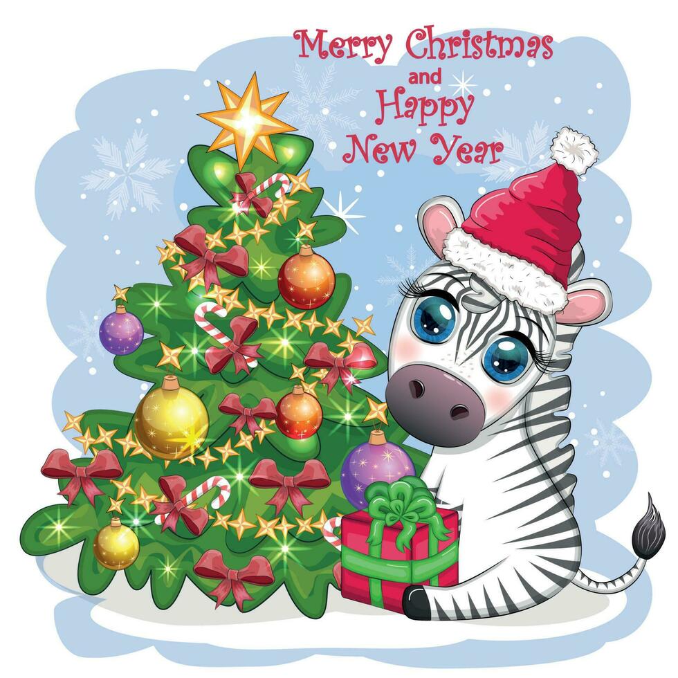 vrolijk Kerstmis en gelukkig nieuw jaar groet kaart met schattig zebra in de kerstman hoed met Kerstmis bal, snoep kane, geschenk vector