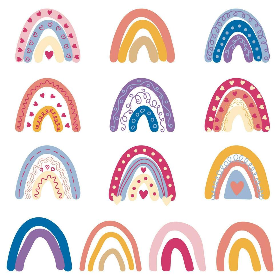 hand- getrokken boho regenboog. schattig reeks in pastel Scandinavisch stijl. kinderen kamer ontwerp voor kamer vector