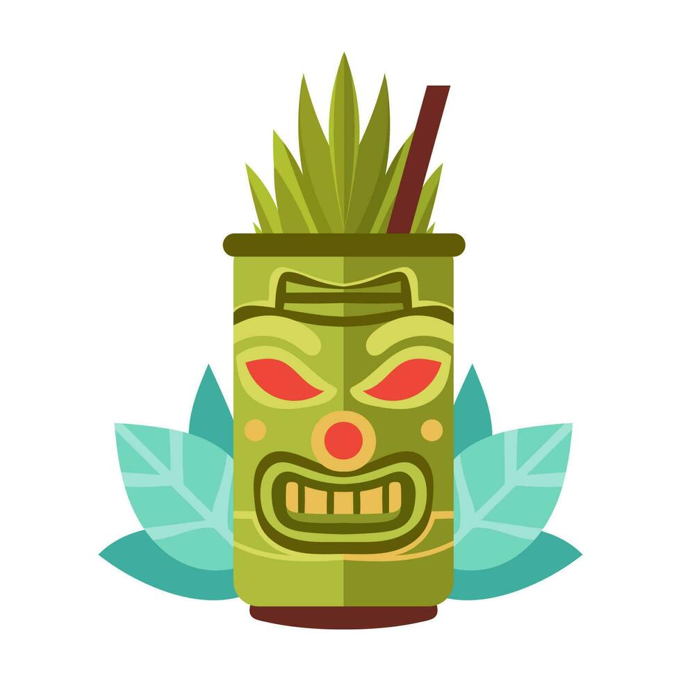 tiki exotisch cocktail in mok met tiki masker. hawaiiaans traditioneel elementen. geïsoleerd Aan wit achtergrond. vector illustratie.