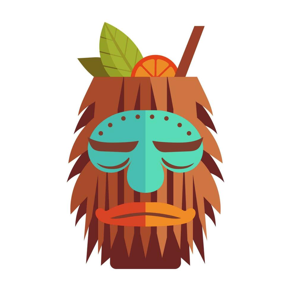 tiki exotisch cocktail in mok met tiki masker. hawaiiaans traditioneel elementen. geïsoleerd Aan wit achtergrond. vector illustratie.