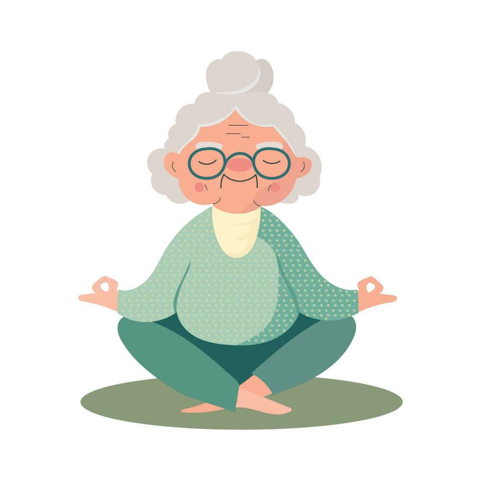 illustratie van senior vrouw beoefenen yoga opdrachten. gezond levensstijl. schattig grootmoeder in lotus positie. vector Aan wit