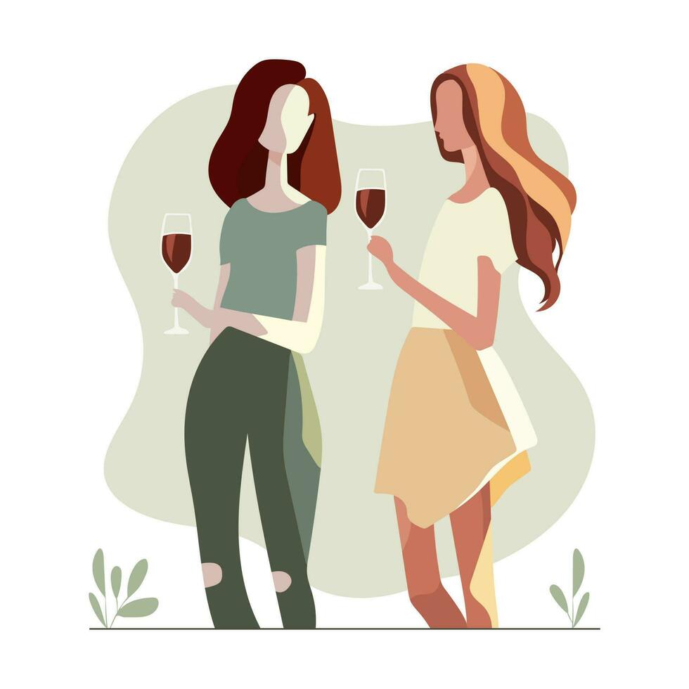 twee mooi Dames vrienden drinken wijn. meisjes viering samen. vrouw vriendschap. vector. pastel modieus kleuren. voor ansichtkaart, poster, banier vector