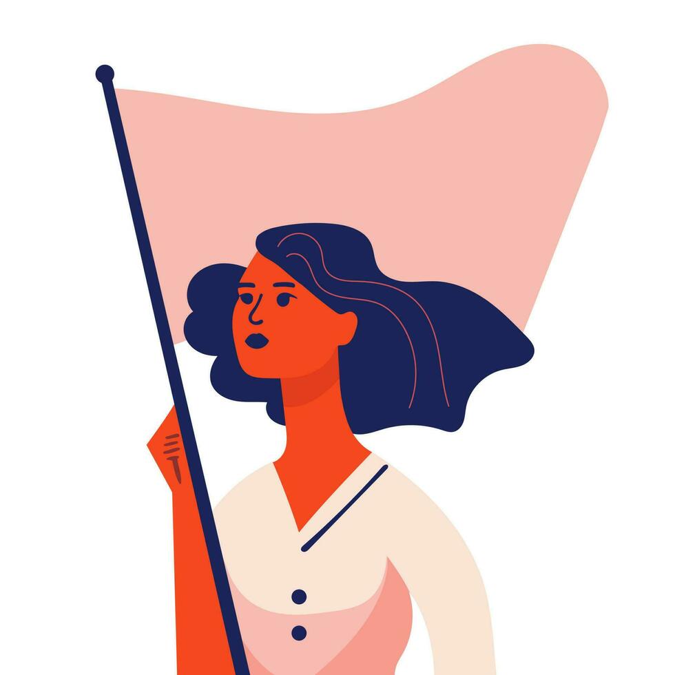 feminisme, Dames rechten en stroom. jong meisje Holding vlag Aan wit achtergrond. modern vlak stijl Aan wit vector