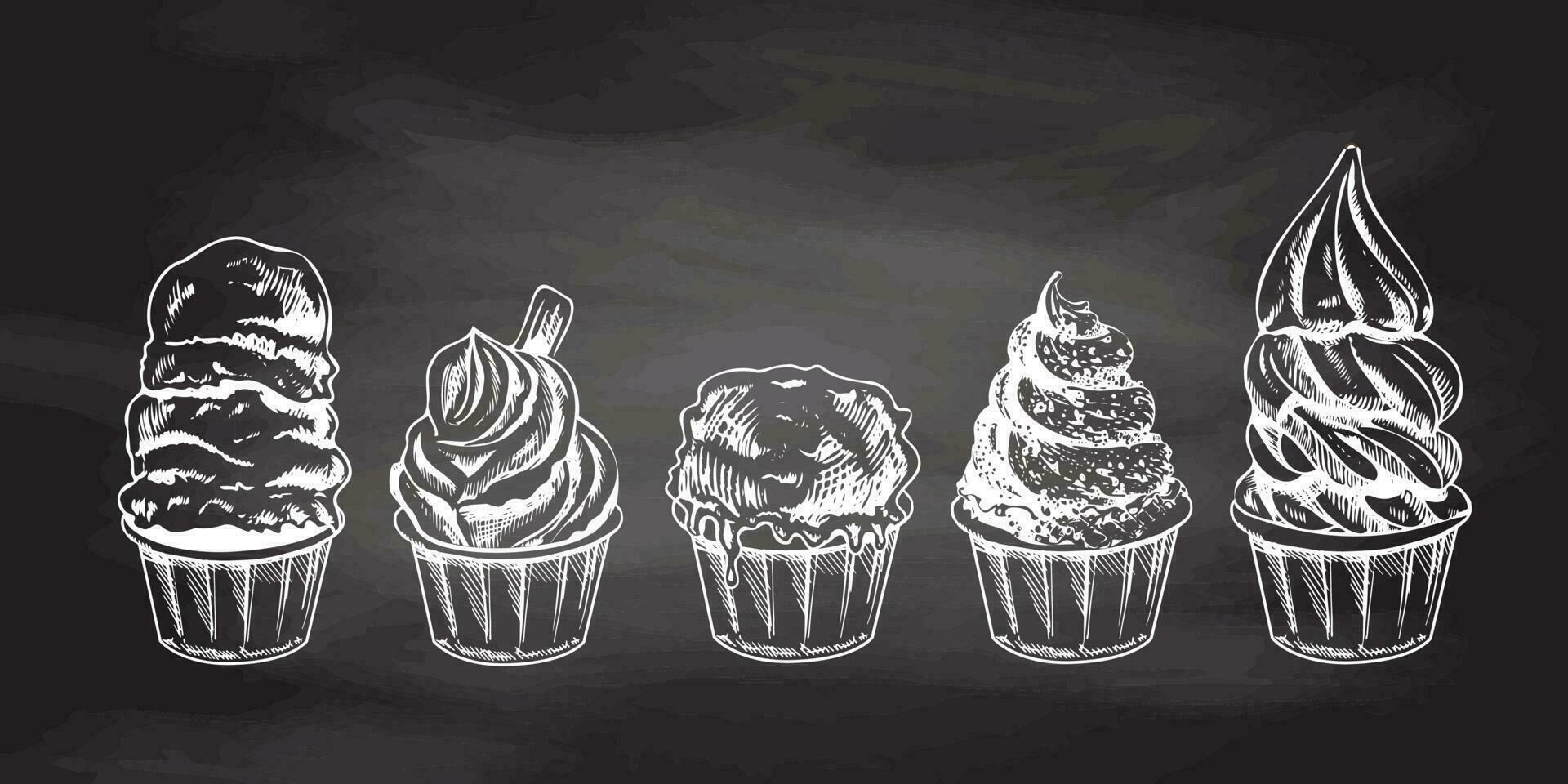 hand getekend schetsen van ijs room ballen, bevroren yoghurt of cupcakes in cups geïsoleerd Aan schoolbord achtergrond, wit tekening. set. vector wijnoogst gegraveerde illustratie.