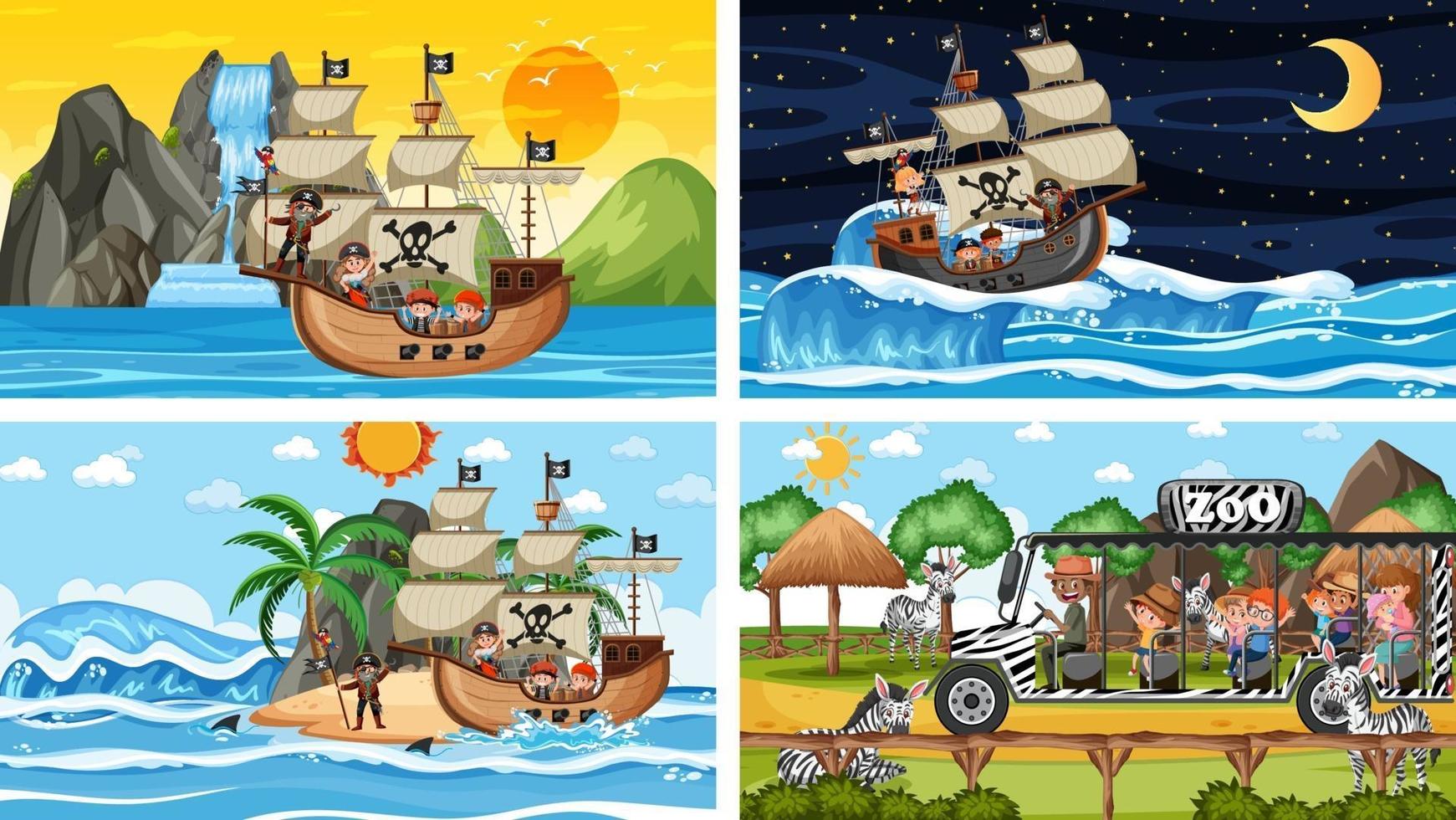 set van verschillende scènes met dieren in de dierentuin en piratenschip op zee vector