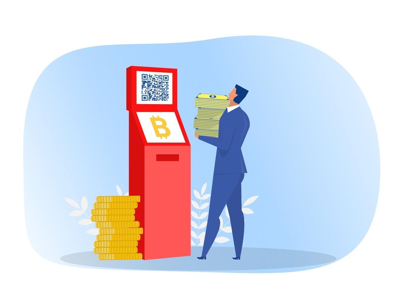 zakenman trekt geld uit itm met virtuele of digitale geld vectorillustratie vector