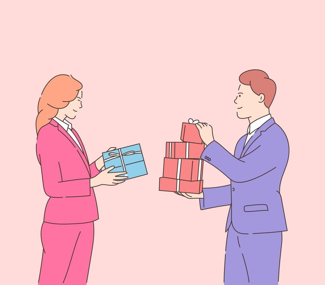 liefde, dating, romantiek, relatie, saamhorigheid, paarconcept. gelukkig aantrekkelijke vrouw en lachende man met geschenken op Valentijnsdag vector