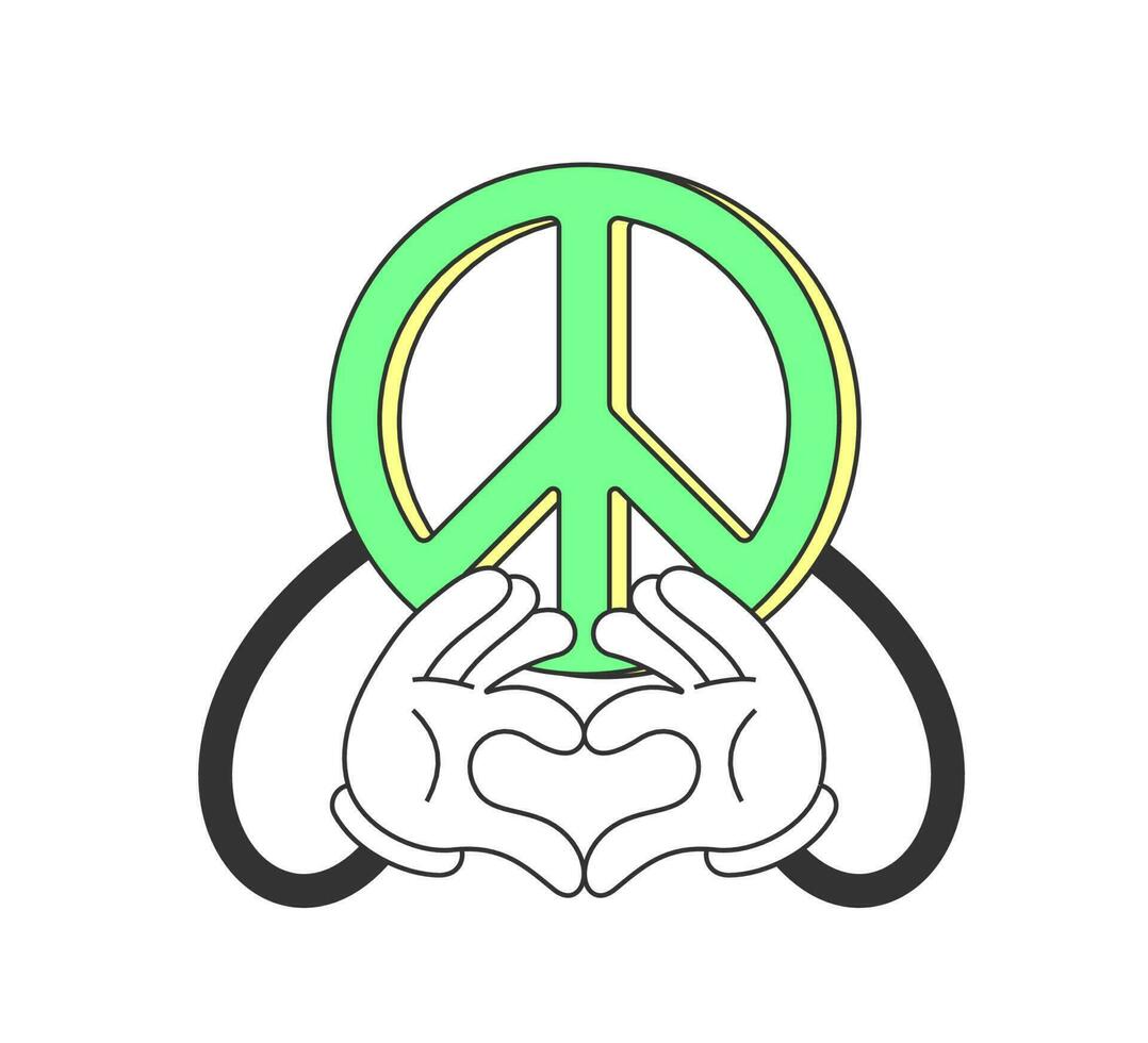 retro groovy vrede teken met hand- tonen liefde hart gebaar. wijnoogst hippie tekenfilm pacifist symbool. hippie stijl modieus y2k vector geïsoleerd eps illustratie