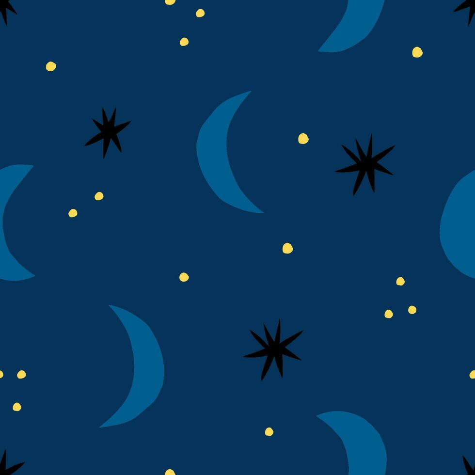abstract nacht lucht naadloos patroon. hand- getrokken halve maan en sterren vector textuur. hemel- achtergrond in retro stijl