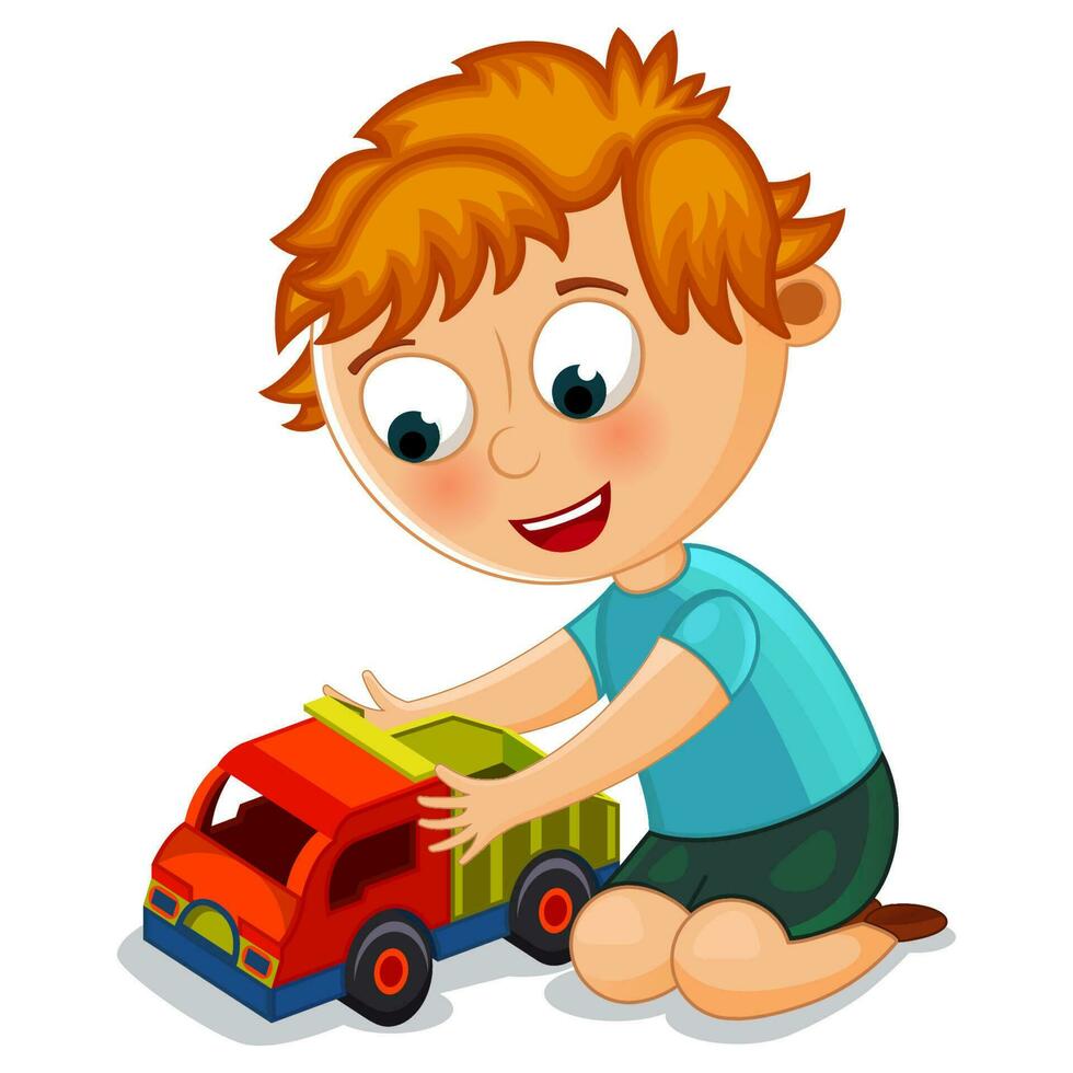 weinig jongen spelen met speelgoed- vrachtauto vector illustratie