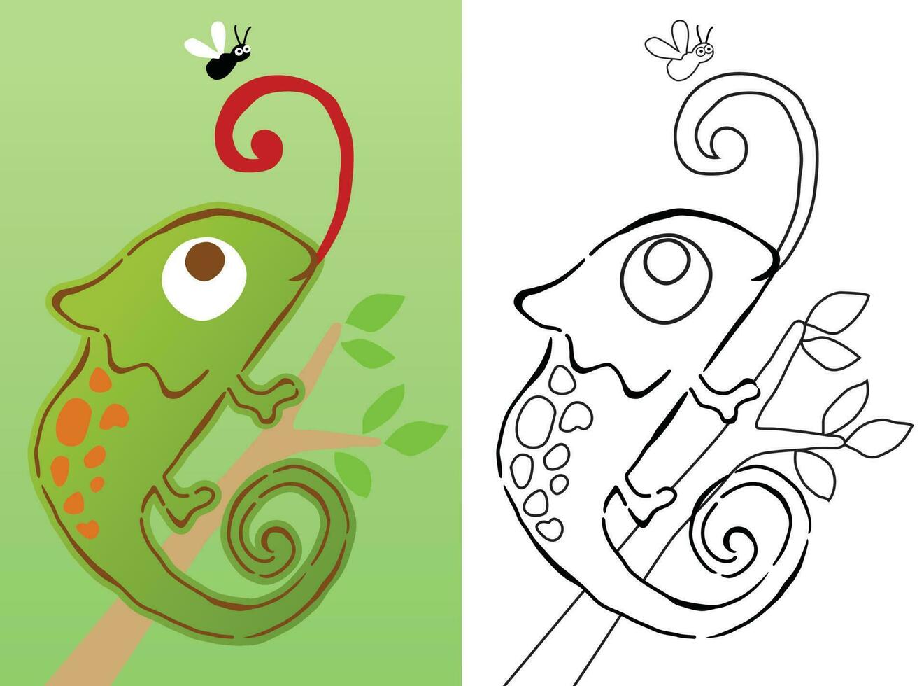 vector tekenfilm van kameleon Aan boom takken met een vlieg, kleur boek of bladzijde