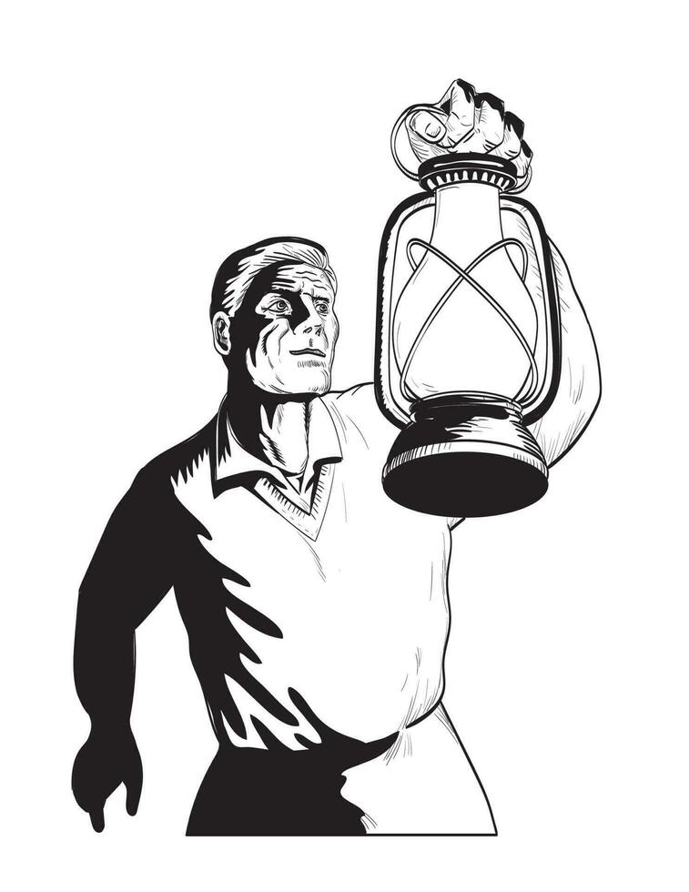 Mens Holding boer licht omhoog lantaarn laag hoek comics stijl tekening vector