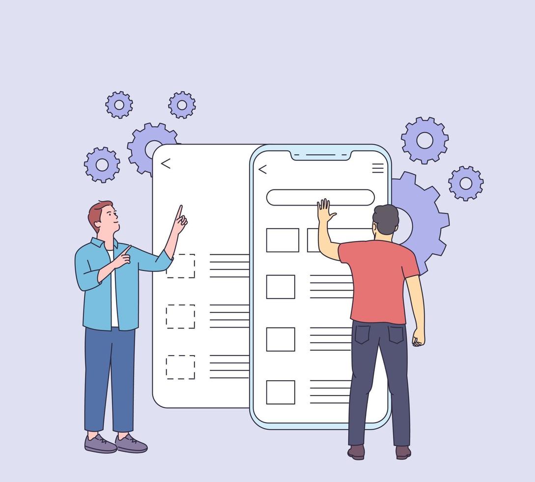 ontwikkeling, prototyping, testen van het grafische ux-gedemonteerde interfaceconcept voor mobiele gebruikers. bruikbaarheid testen mobiel scherm met mensen man. ontwikkelingssoftwaretoepassing ui en ux interfacepagina. vector