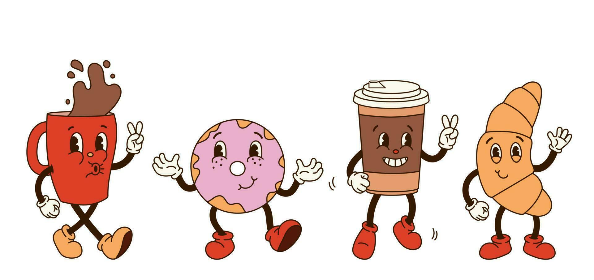 reeks groovy retro tekenfilm koffie karakters. rood mok, koffie naar Gaan, donut, croissant met ogen en gehandschoende handen. geïsoleerd vlak illustratie in stijl Jaren 60 jaren 70 vector