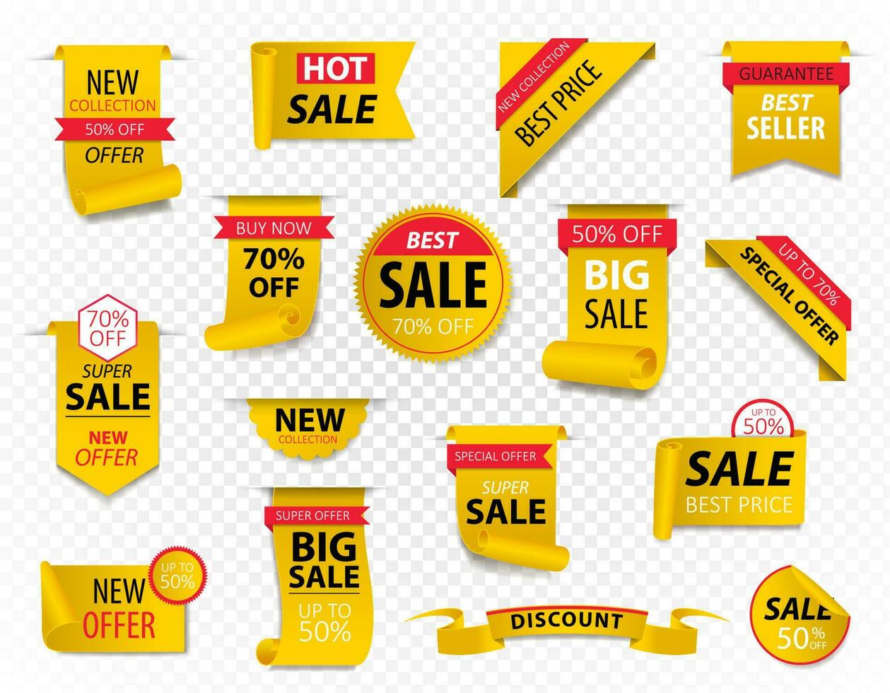 prijs labels, geel lint spandoeken. uitverkoop Promotie, website stickers, nieuw aanbod insigne verzameling geïsoleerd. vector illustratie.