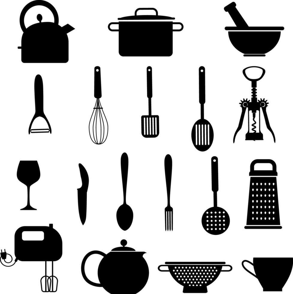 reeks van verschillend keuken elementen silhouet vector illustratie