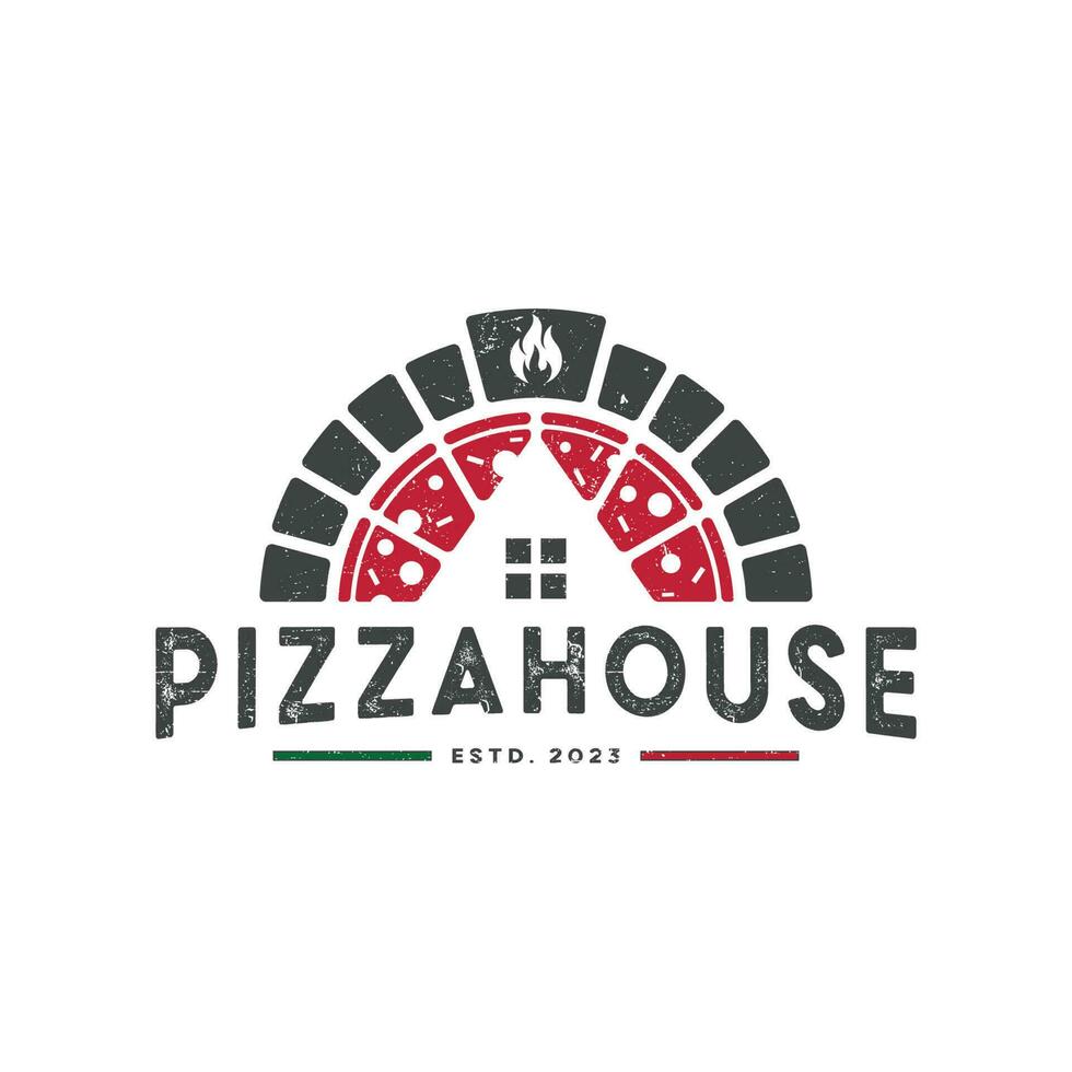 pizza huis logo vector met wijnoogst stijl. smakelijk rood pizza huis gemaakt etiket icoon concept logo sjabloon.