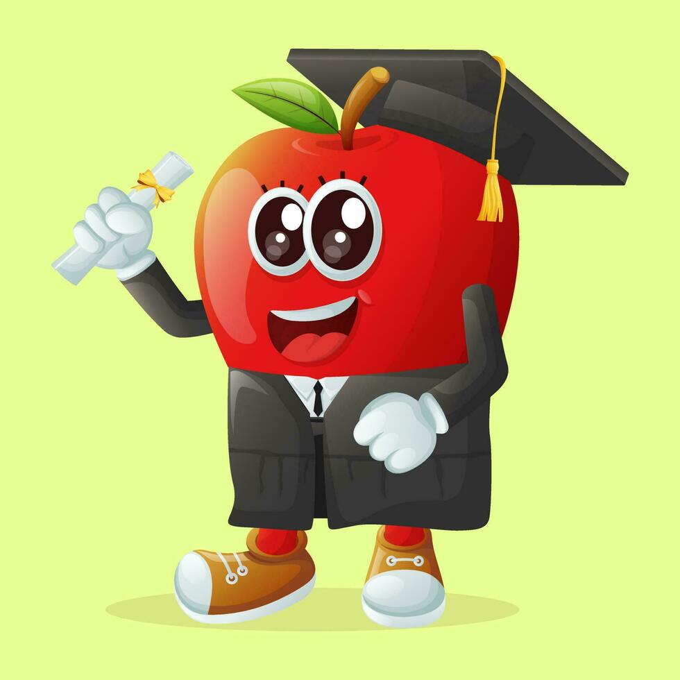 schattig appel karakter vervelend een diploma uitreiking pet en Holding een diploma vector