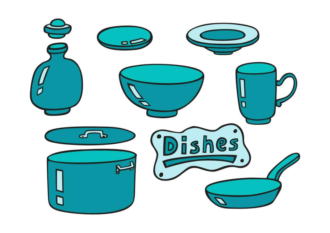 tekening gerechten vector set. keuken uitrusting en voorwerpen voor Koken. hand- getrokken stijl. blauw kleuren. kleurrijk verzameling.