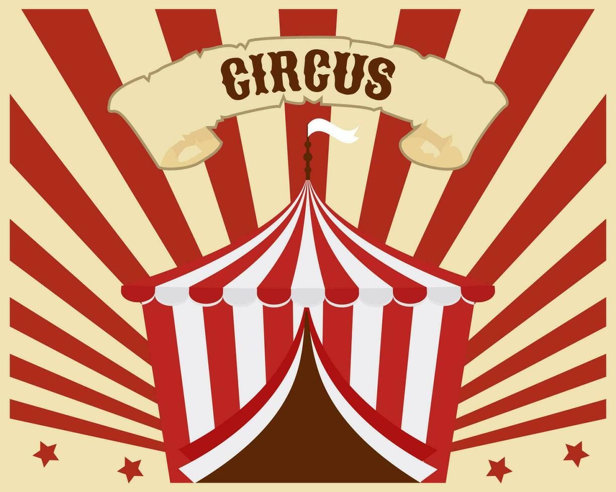 kleurrijk circus poster, groot top Aan een gestreept regenboog achtergrond met sterren. kleurrijk illustratie, banier, folder, vector