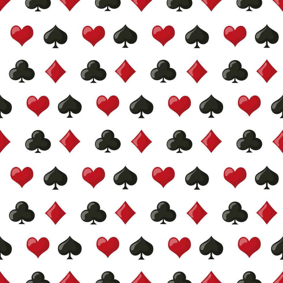 naadloos patroon, spelen symbolen van harten, schoppen, diamanten, Clubs Aan een wit achtergrond. casino achtergrond, vector