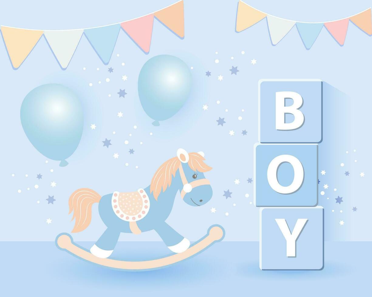 3d baby douche voor jongens. kinderen speelgoed, schommelen paard en ballonnen in pastel kleuren Aan een sterrenhemel achtergrond. spel kamer achtergrond, vector