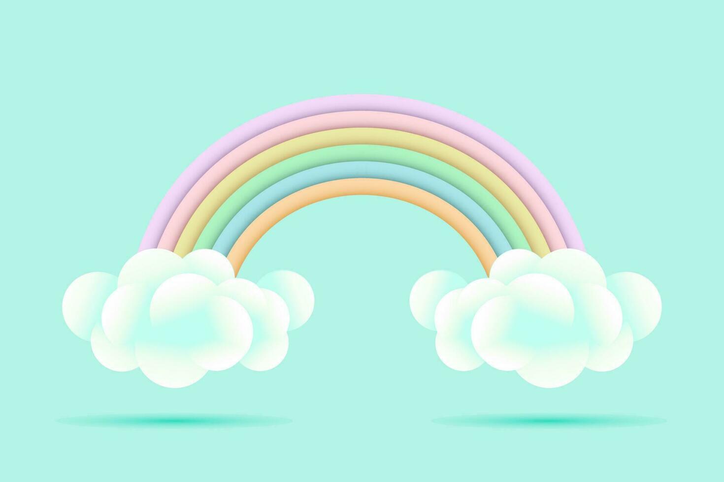 3d baby douche, regenboog met wolken en sterren Aan een pale groen achtergrond, kinderachtig ontwerp in pastel kleuren. achtergrond, illustratie, vector. vector