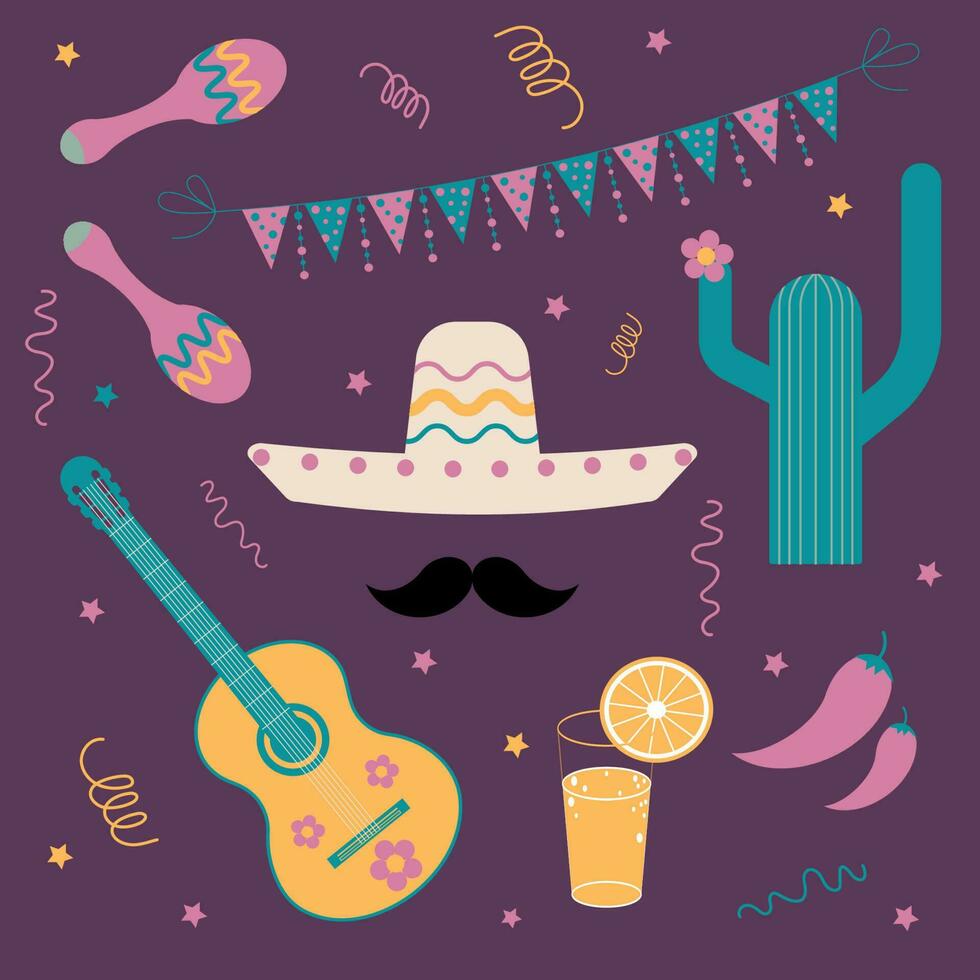 vector Mexicaans partij set. geïsoleerd Aan puple backgroung vlaggen, maracas, gitaar, sterren, bloesem cactus, sombrero, snor, tequila en citroen, serpentijn, rood heet peper.