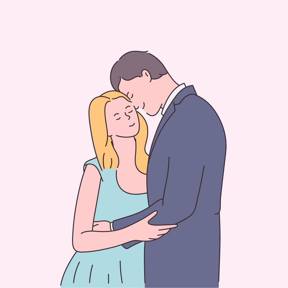 liefde, dating, romantiek, relatie, saamhorigheid, paarconcept. gelukkig jong volwassen paar knuffelen op Valentijnsdag. moderne lijnstijl illustratie vector