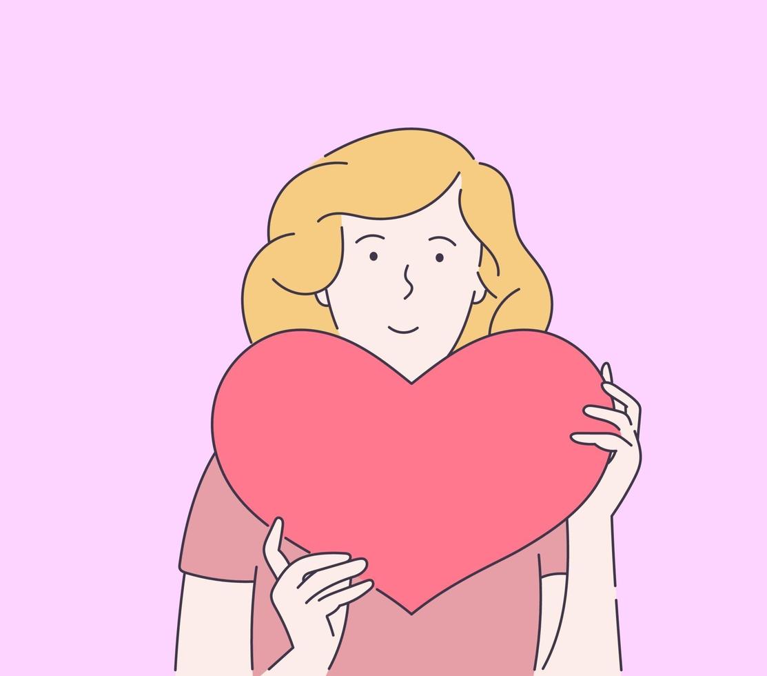 liefde, dating, romantiek, relatie, saamhorigheid, paarconcept. jonge lachende vrouw met groot rood hart. moderne lijnstijl illustratie vector