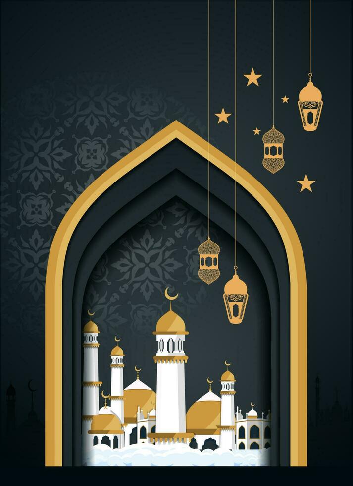 vlak stijl groots moskee geïsoleerd Aan blauw achtergrond. traditioneel Arabisch ornament, halve maan maan en sterren. vector illustratie. groeten eid. Ramadhan maand.