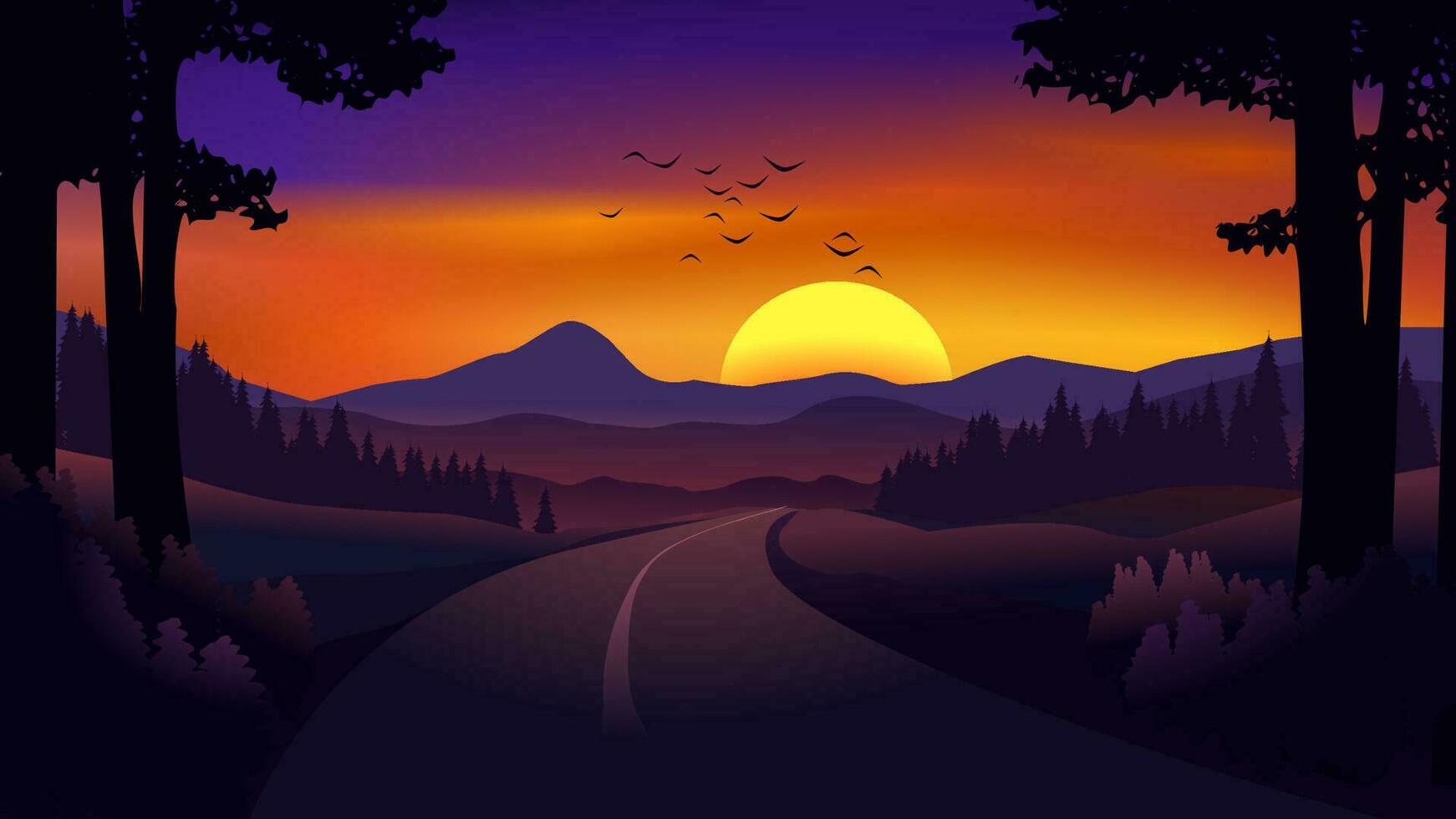 vector zonsondergang illustratie met leeg weg in platteland en berg in achtergrond