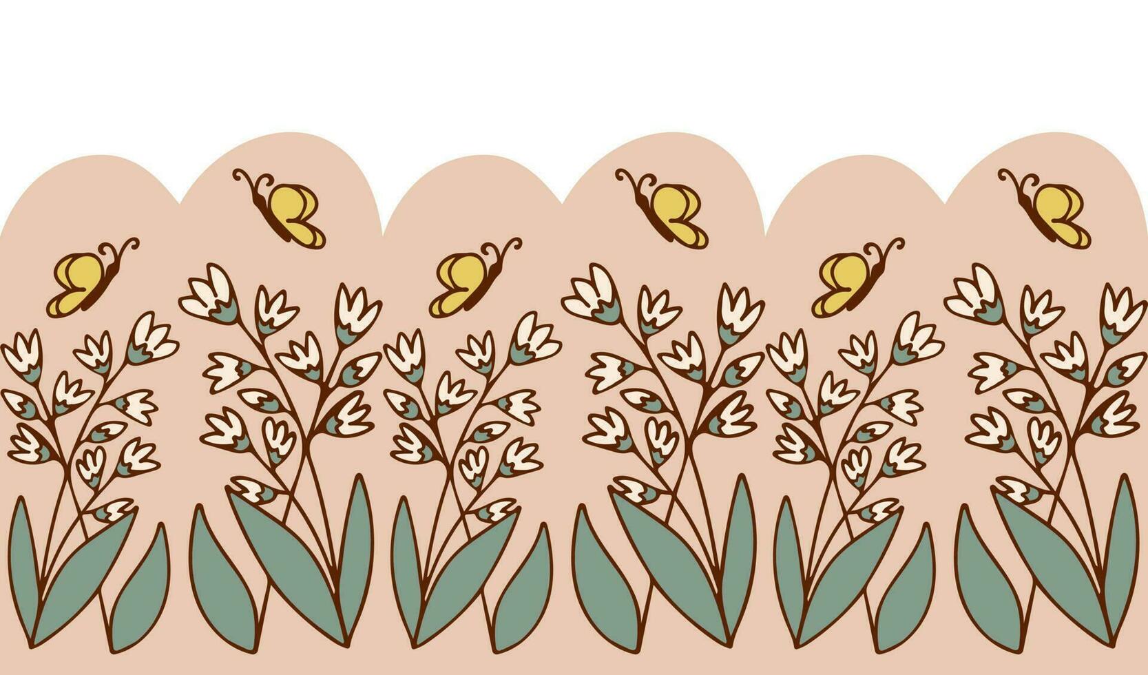 bloemen decoreren naadloos grens met vlinders. vector tekenfilm schets illustratie in retro kleuren. geschikt voor decoratie, voedsel verpakking, papier, omslag, behang, achtergrond