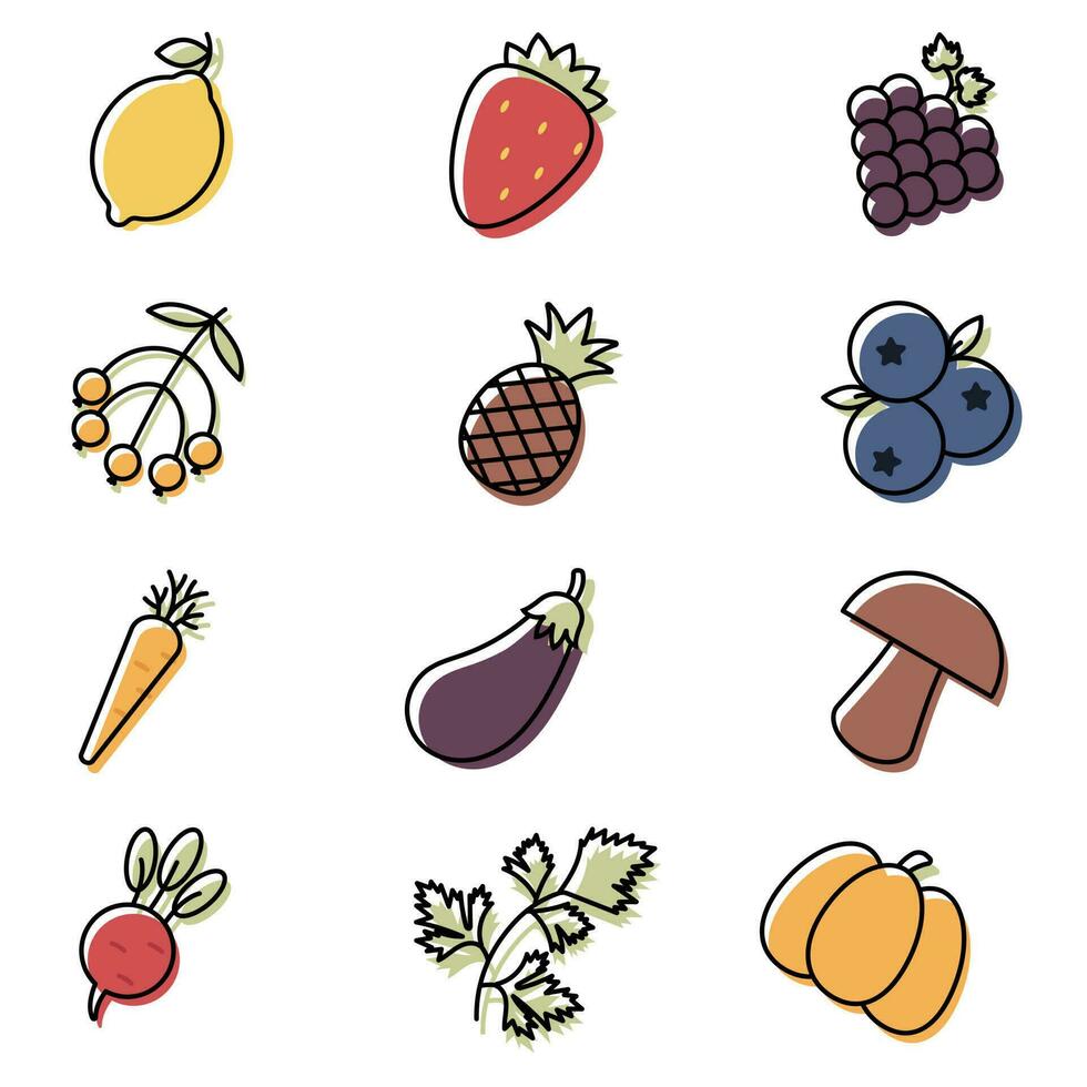 pictogrammen van fruit en groenten in schets of lijn stijl. pictogrammen reeks voor ieder web en app project. vector