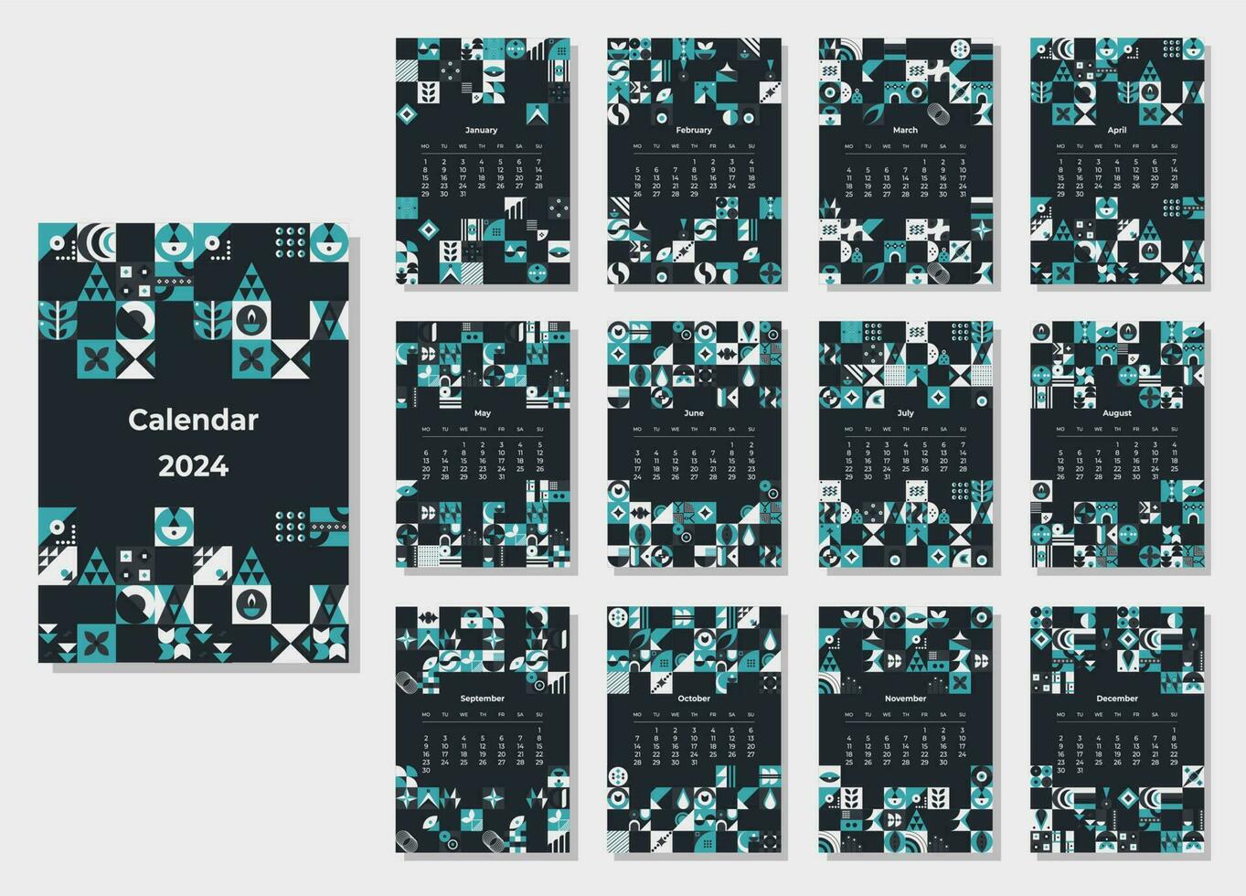 kalender 2024 meetkundig patronen. maandelijks kalender sjabloon voor 2024 jaar met meetkundig vormen. vector