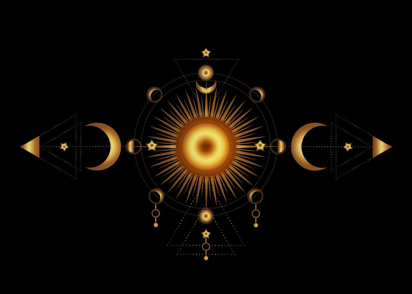 cirkel van een maan fasen en stralend zon, goud heilig geometrie. verdrievoudigen maan heidens- wicca godin symbool. mystiek gouden zon, astrologie, alchimie, boho en magie symbolen geïsoleerd Aan zwart achtergrond vector