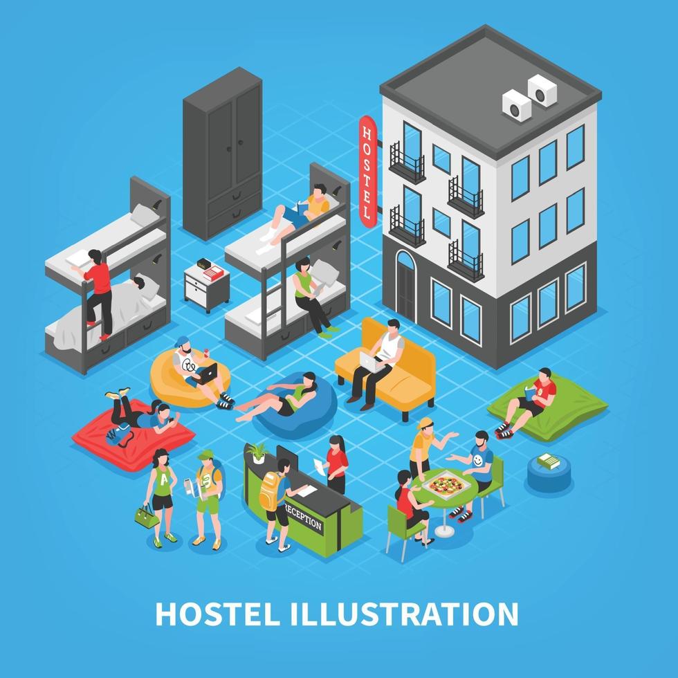 hostel isometrische samenstelling vectorillustratie vector