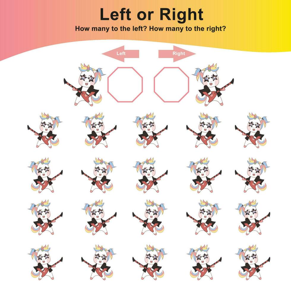 wiskundig werkzaamheid bladzijde. berekenen en schrijven de resultaat. links of Rechtsaf werkblad voor kinderen. tellen eenhoorns. leerzaam afdrukbare wiskunde. vector het dossier.