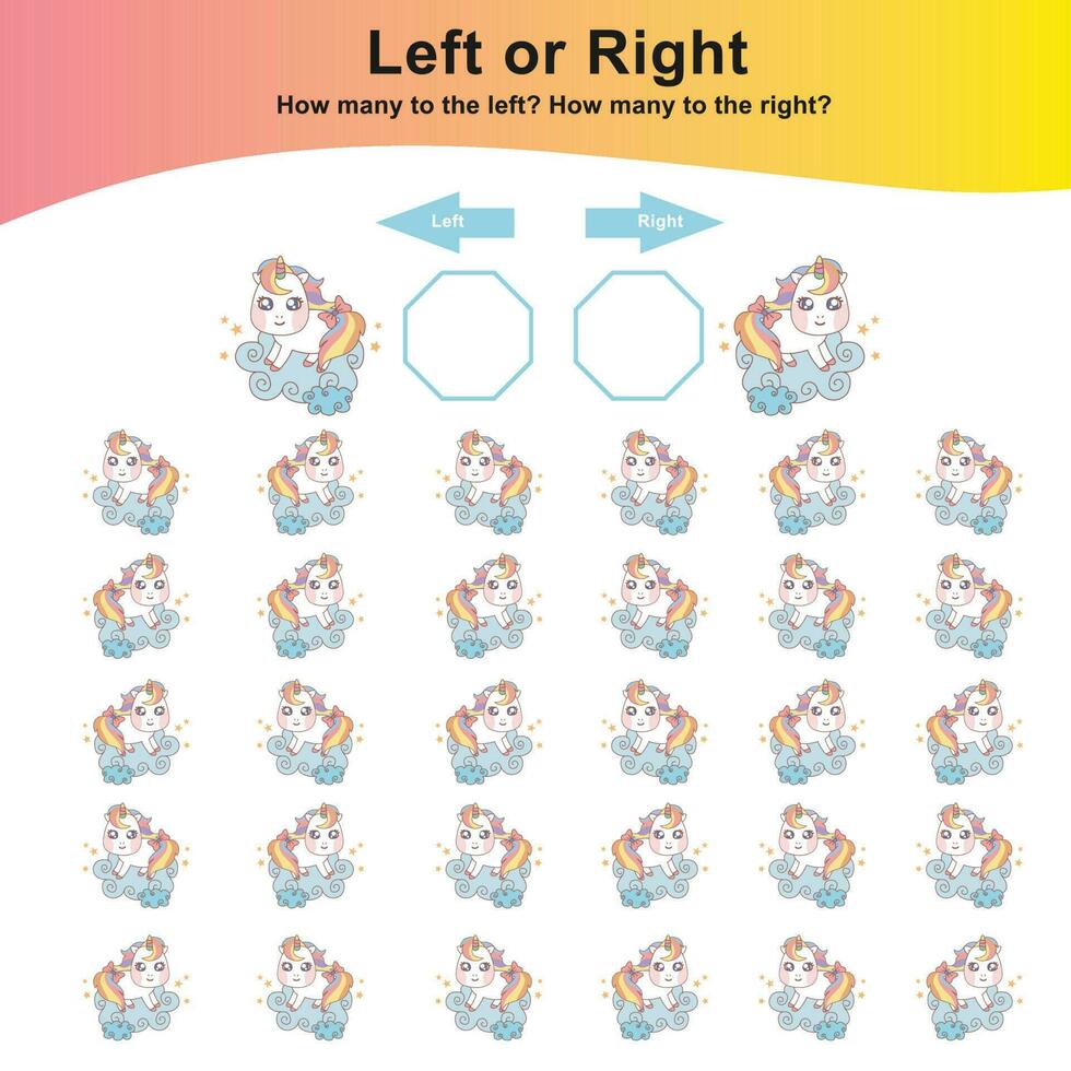 wiskundig werkzaamheid bladzijde. berekenen en schrijven de resultaat. links of Rechtsaf werkblad voor kinderen. tellen eenhoorns. leerzaam afdrukbare wiskunde. vector het dossier.