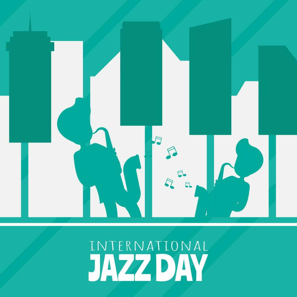 Internationale jazz- dag groeten met de silhouet van een saxofoon speler in de midden- van stad- vormig Leuk vinden piano sleutels vector
