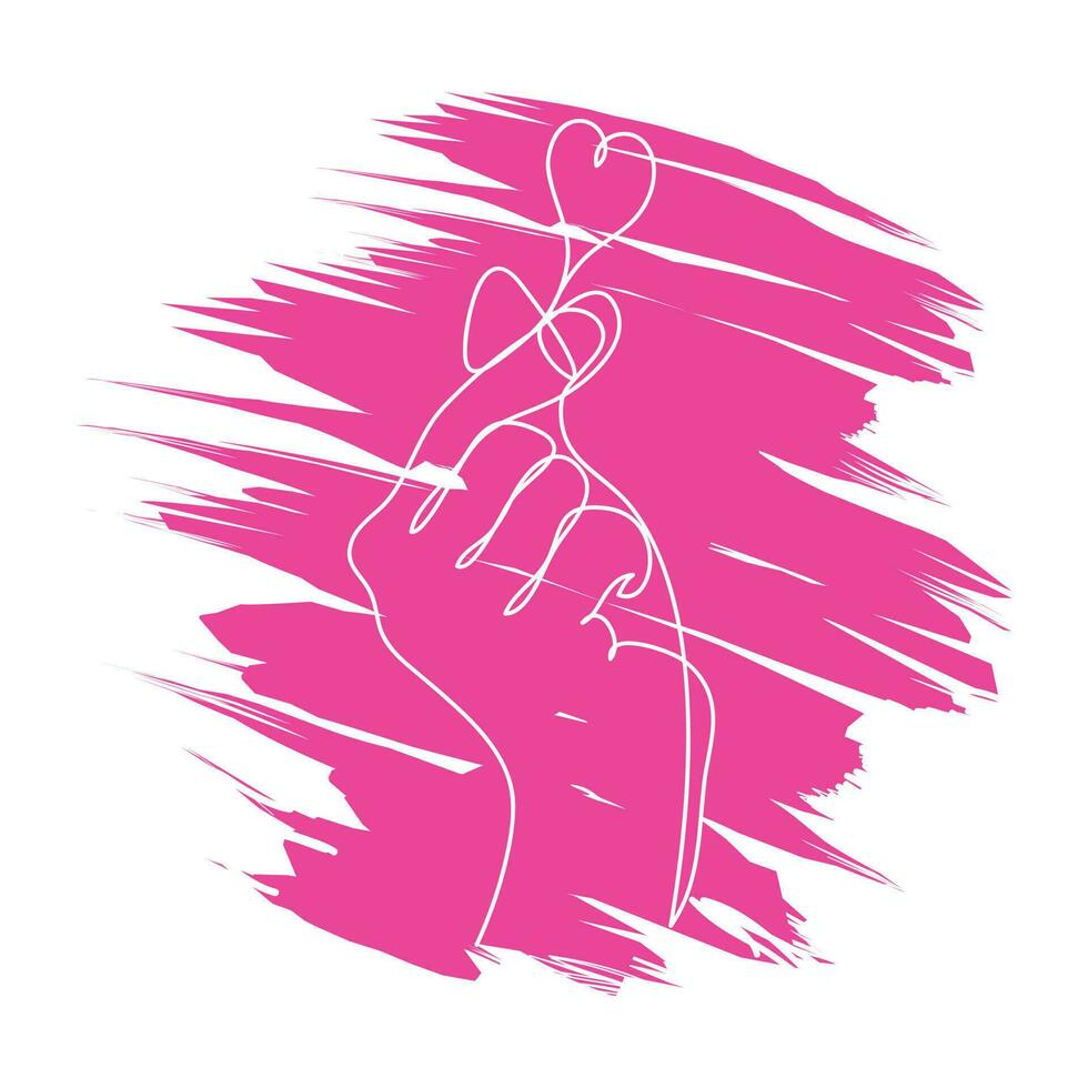 hand- getrokken doorlopend een lijn van liefde teken met roze borstel achtergrond. Koreaans vinger hart teken. poster kunst afdrukken. vector illustratie