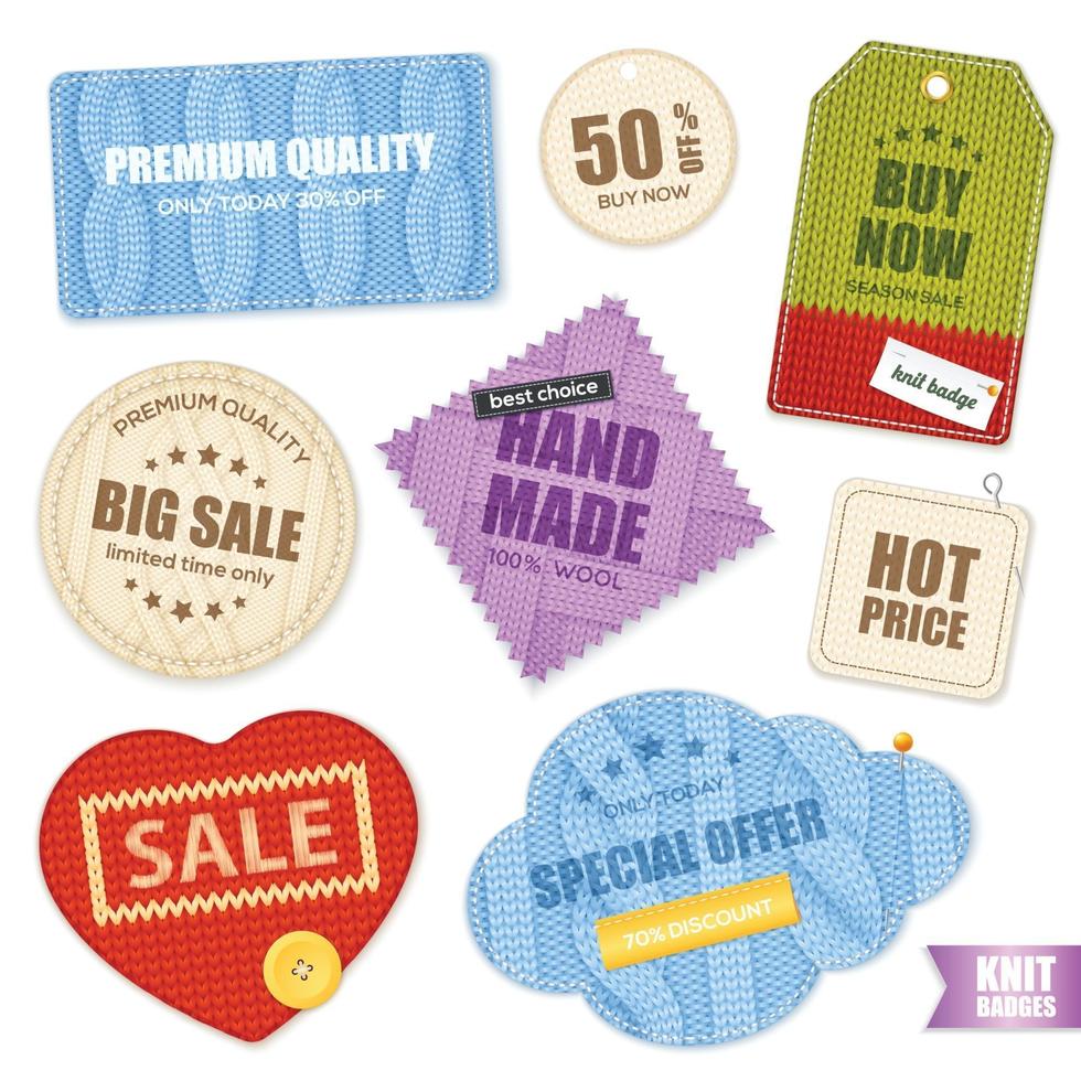 realistische gebreide badges labels collectie vectorillustratie vector