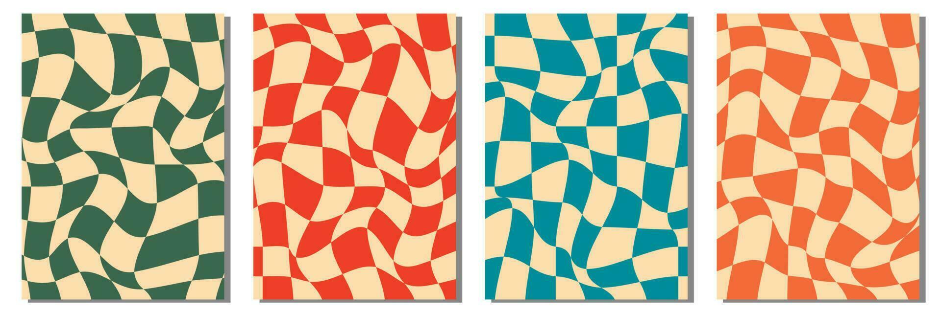 schaakbord retro Jaren 60 jaren 70 90s structuur vector abstract meetkundig plein achtergrond blauw, rood en groen of geel behang wijnoogst illustratie set.