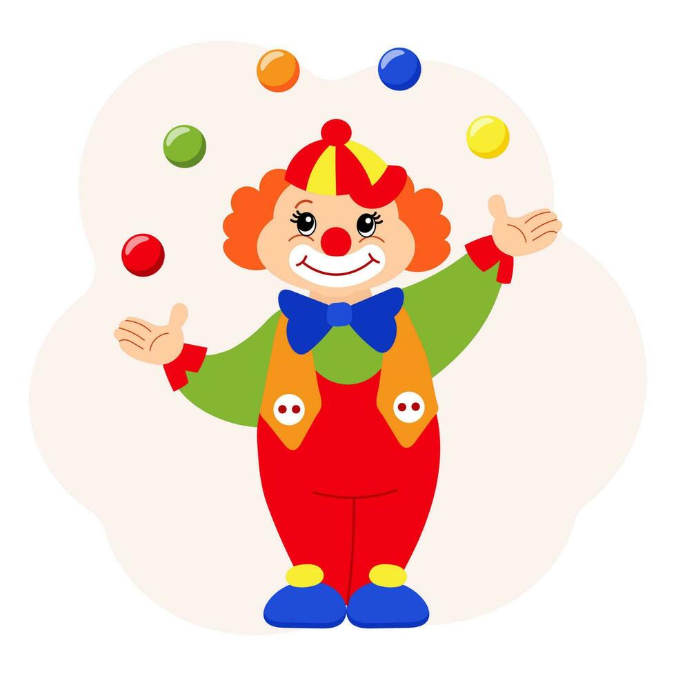 schattig grappig tekenfilm clown jongleur met ballen. kinderen kaart, afdrukken, kleurrijk illustratie, vector