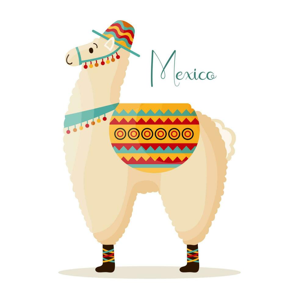 schattig lama in een hoed met een zadel, Mexicaans alpaca. symbool van Mexico en Peru. illustratie, vector