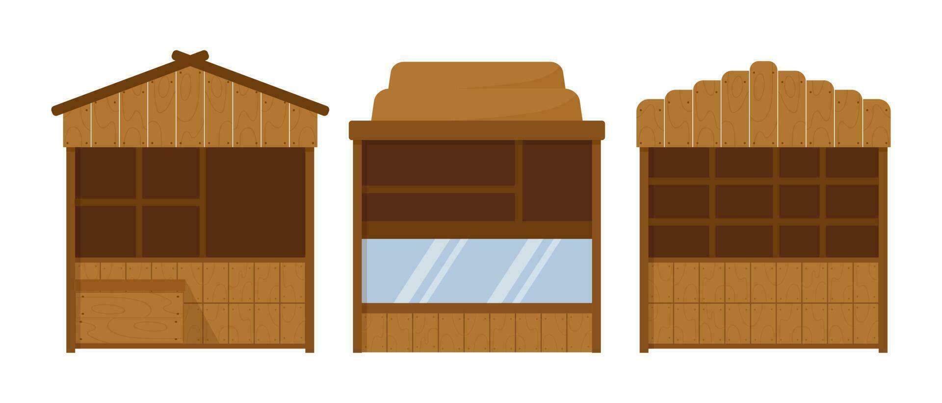 houten straat kraampjes, set. straat winkels. pictogrammen, vector